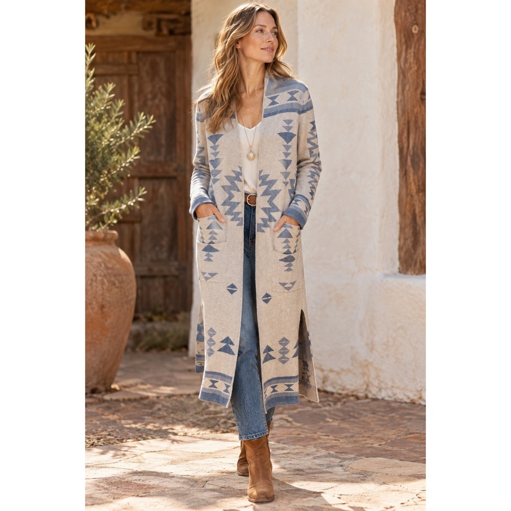 Jessica Simpson Duster Cardigan M Light Blue Cotton Knit Long Boho Southwestern